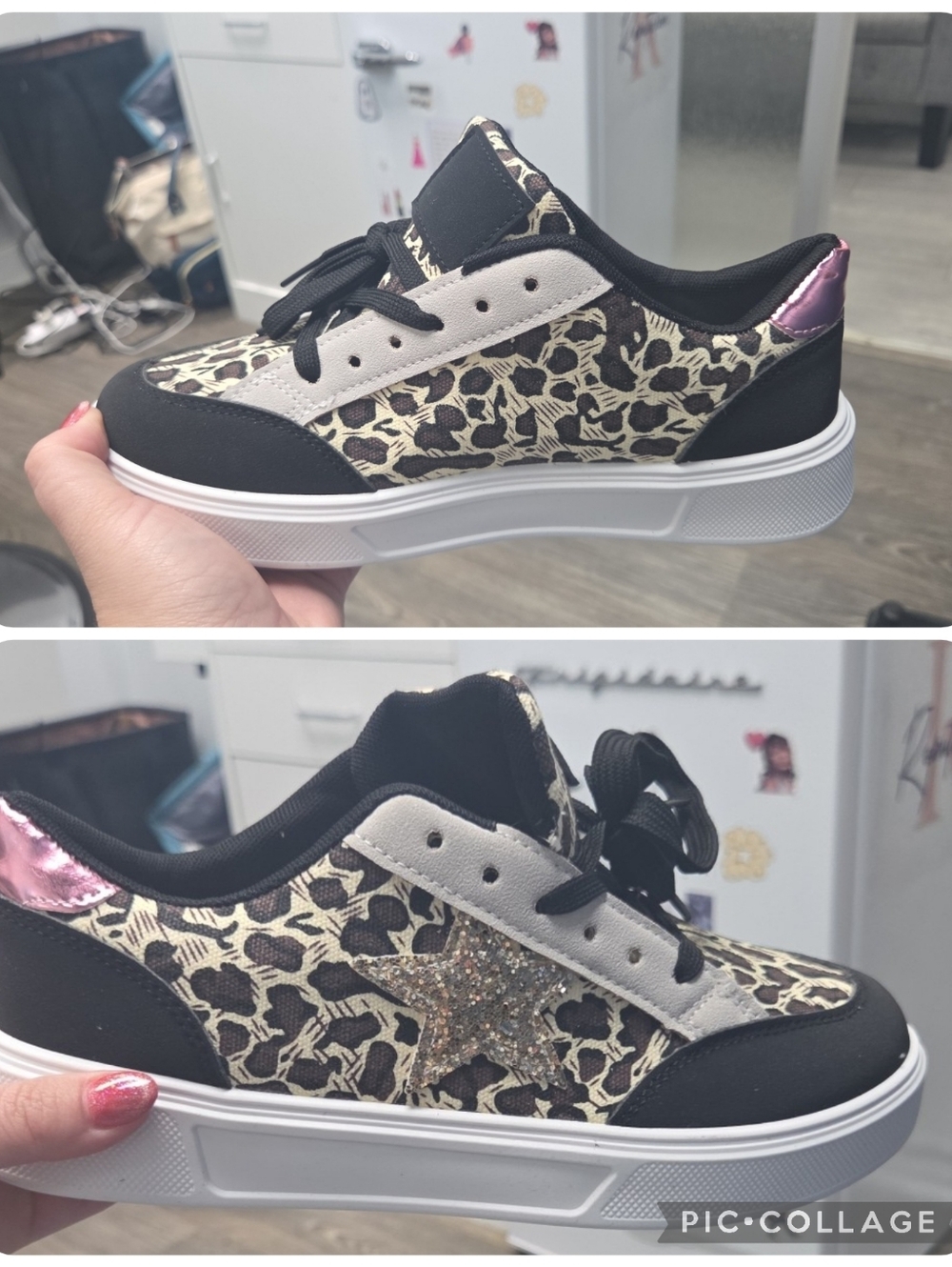 Leopard Print Star Accent Sneakers - Black & Cream